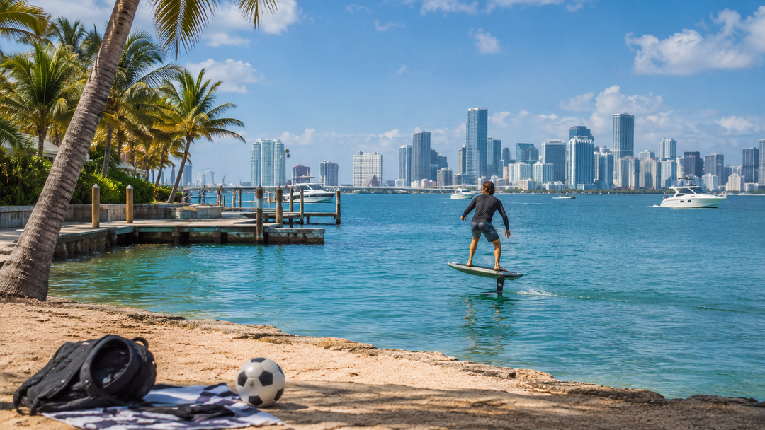 Rider eFoiling on calm water in Miami water sports guide