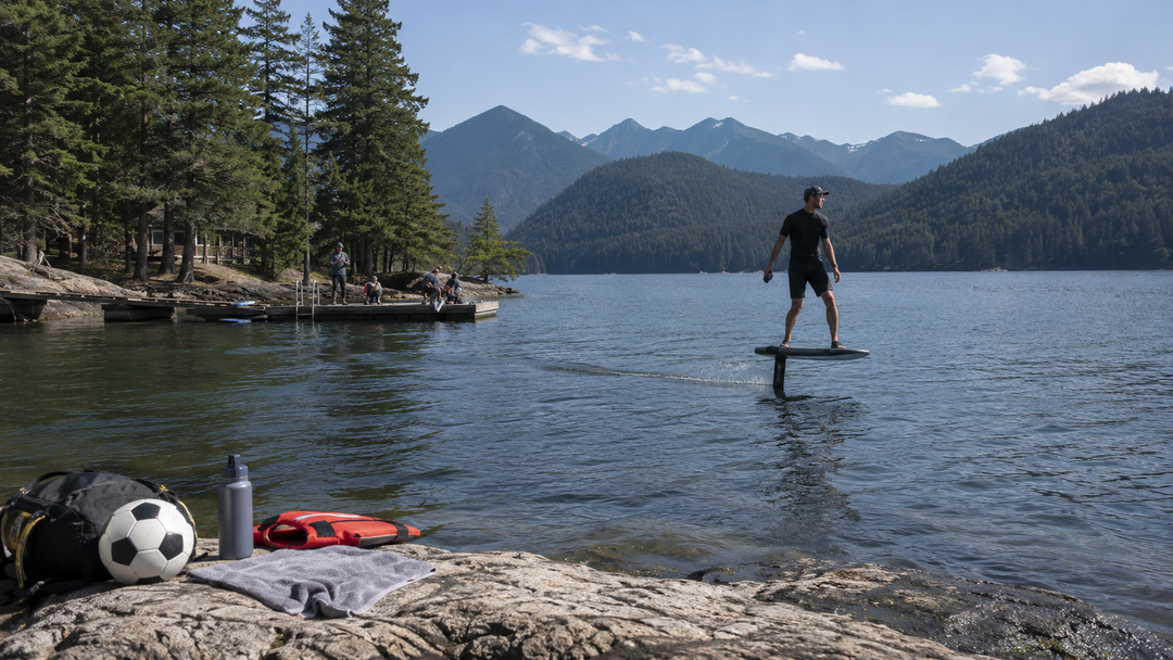 Rider eFoiling on a calm mountain lake for Vancouver water sports guide
