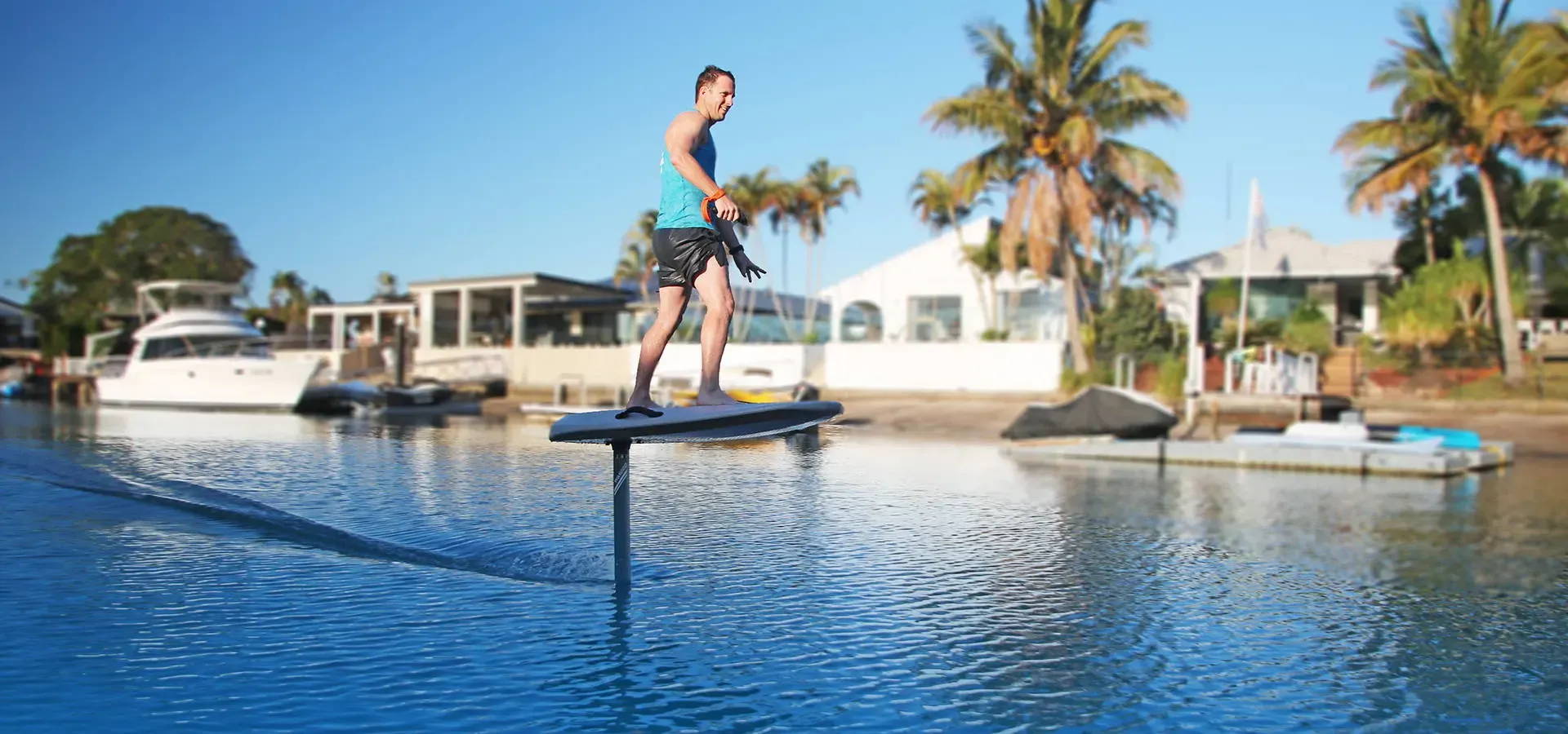 Person on an e-foil in a marina with palm trees and boats in the background
